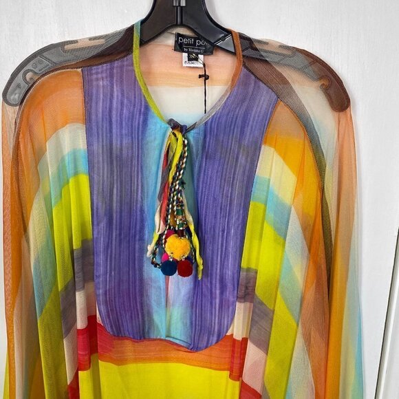 Petit Pois Viviana G Sheer Mesh Poncho XS | Striped Beaded Pom Pom Boho Top - Picture 4 of 11
